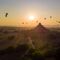 Bagan temple with hot air balloons in Myanmar